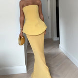 Women’s Strapless Pleated Maxi Dress – Elegant Peplum Bodice