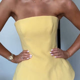 Women’s Strapless Pleated Maxi Dress – Elegant Peplum Bodice