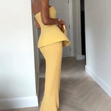 Women’s Strapless Pleated Maxi Dress – Elegant Peplum Bodice