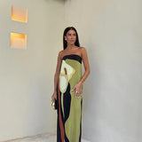 Women’s Strapless Summer Maxi Dress – Abstract Floral Print Black Green