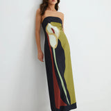 Women’s Strapless Summer Maxi Dress – Abstract Floral Print Black Green