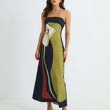 Women’s Strapless Summer Maxi Dress – Abstract Floral Print Black Green