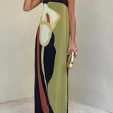 Women’s Strapless Summer Maxi Dress – Abstract Floral Print Black Green