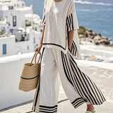 Women’s Striped Two-Piece Set – Relaxed Top & Wide-Leg Pants