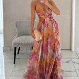 Women's Watercolor Chiffon Maxi Dress – Spaghetti Strap Backless Evening Gown