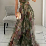 Women's Watercolor Chiffon Maxi Dress – Spaghetti Strap Backless Evening Gown