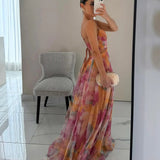 Women's Watercolor Chiffon Maxi Dress – Spaghetti Strap Backless Evening Gown