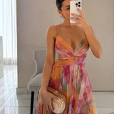 Women's Watercolor Chiffon Maxi Dress – Spaghetti Strap Backless Evening Gown