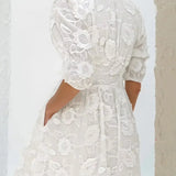 Women’s White Embroidered Midi Dress – Elegant Floral Lace Vacation Dress