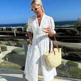 Women’s White Embroidered Midi Dress – Elegant Floral Lace Vacation Dress