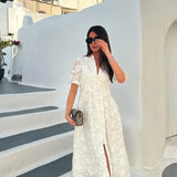 Women’s White Embroidered Midi Dress – Elegant Floral Lace Vacation Dress