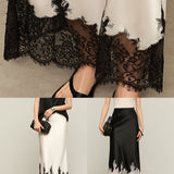 Women’s Satin Midi Skirt with Lace Hem – Elegant Contrast Detail Slip Skirt