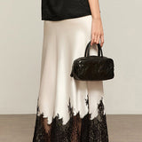 Women’s Satin Midi Skirt with Lace Hem – Elegant Contrast Detail Slip Skirt