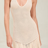 Women’s Halter Fringe Knit Midi Dress – Crochet Tassel Hem Resort Wear