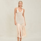 Women’s Halter Fringe Knit Midi Dress – Crochet Tassel Hem Resort Wear