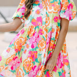 Nina - Floral Print Babydoll Dress with Puff Sleeves and Buttoned Front