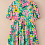 Nina - Floral Print Babydoll Dress with Puff Sleeves and Buttoned Front