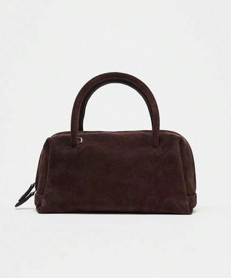 VELOURS — Suedette Boston Top Handle Bag Brown
