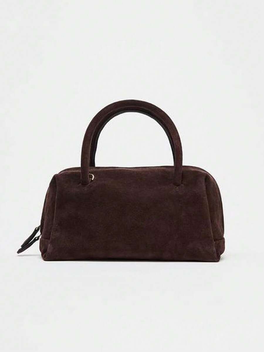 VELOURS — Suedette Boston Top Handle Bag Brown