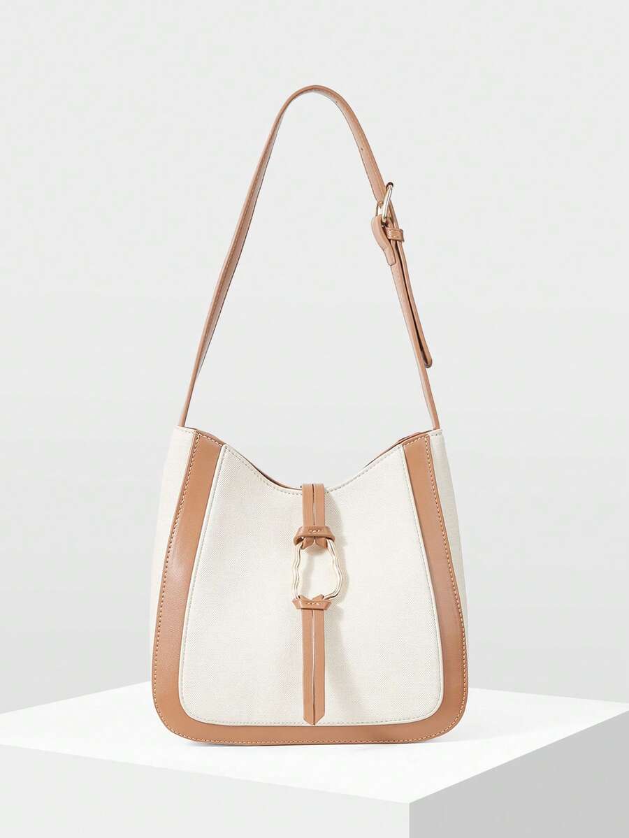 ANNEAU — Metal Ring Shoulder Hobo Bag Beige