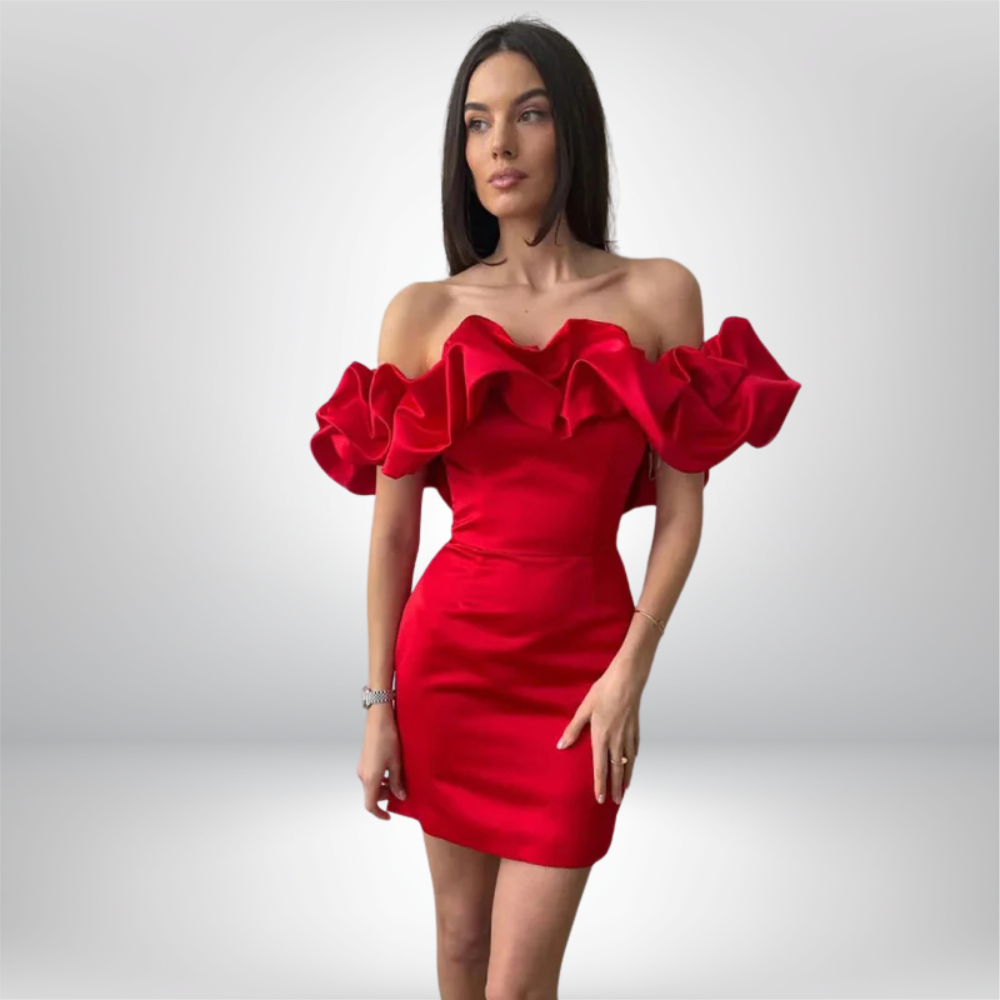 Jessica - Ruffled Neckline Off-Shoulder Mini Dress with Fitted Silhouette