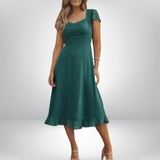 Helene - Shirred Sweetheart Neck Ruffled Midi Dress