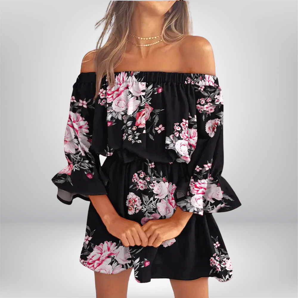 Elisa - Off-the-shoulder dress with boho leaf print