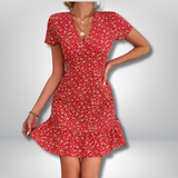 Hilda - Floral Print V-Neck Mini Dress with Ruffle Hem