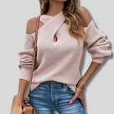 Lotte - Warm Off Shoulder cross neck sweater for women