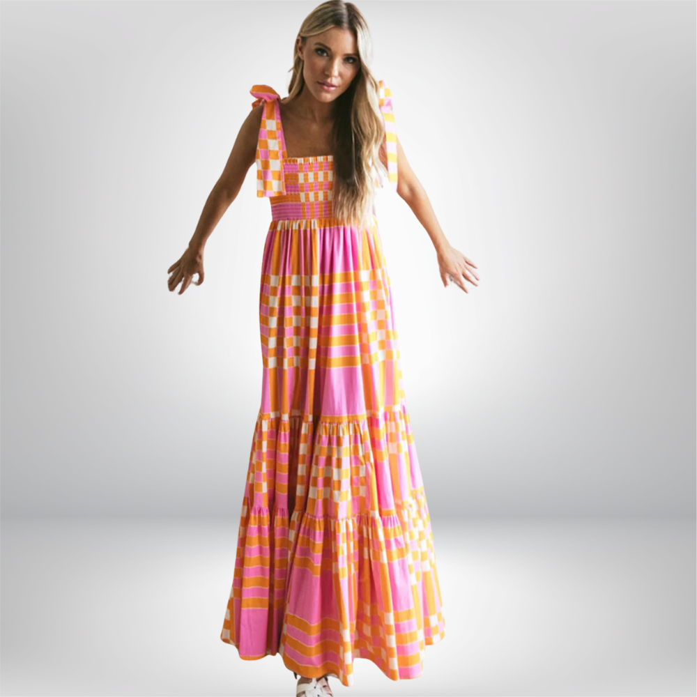 Johanna - Boho Gingham Smocked Maxi Dress with Tied Straps