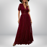 Hanna - Elegant Royal Lace Maxi Dress with V-Neckline