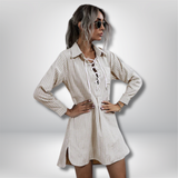 Maj - Striped Lace-Up Shirt Dress with Lapel Collar and Long Sleeves