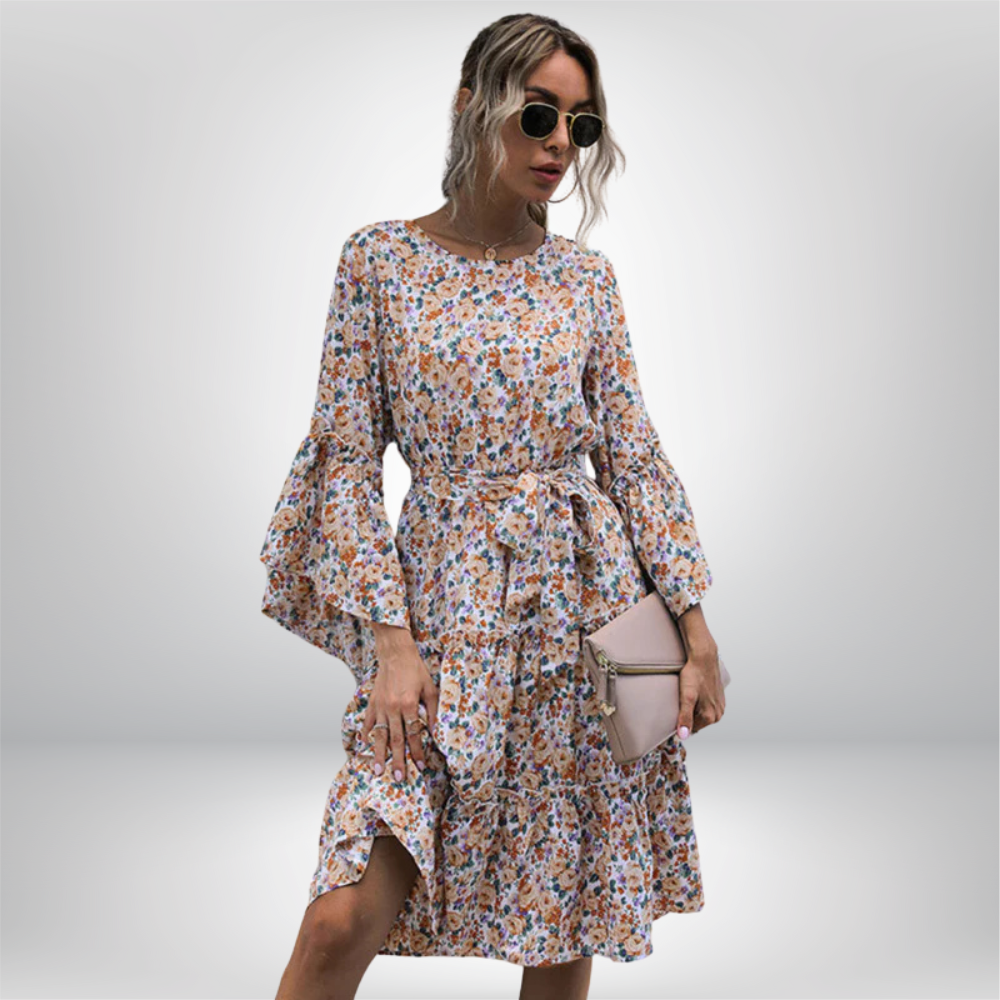 Aada - Floral Print Long-Sleeved Dress with Tiered Skirt and Belted Waist