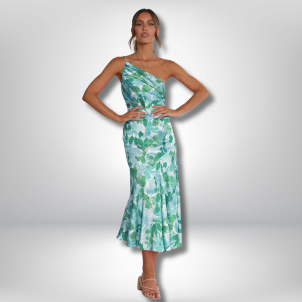 Enni - Asymmetrical Neckline Floral Print Midi Dress with Fishtail Hem