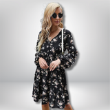 Felicia - Floral Print V-Neck Mini Dress with Long Sleeves and Cinched Waist