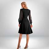 Elja - V-Neck Dress with Polka Dot Sheer Sleeves and Flared Skirt