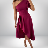 Elli - One-Shoulder Midi Dress with Ruffle Detail and Asymmetrical Hem