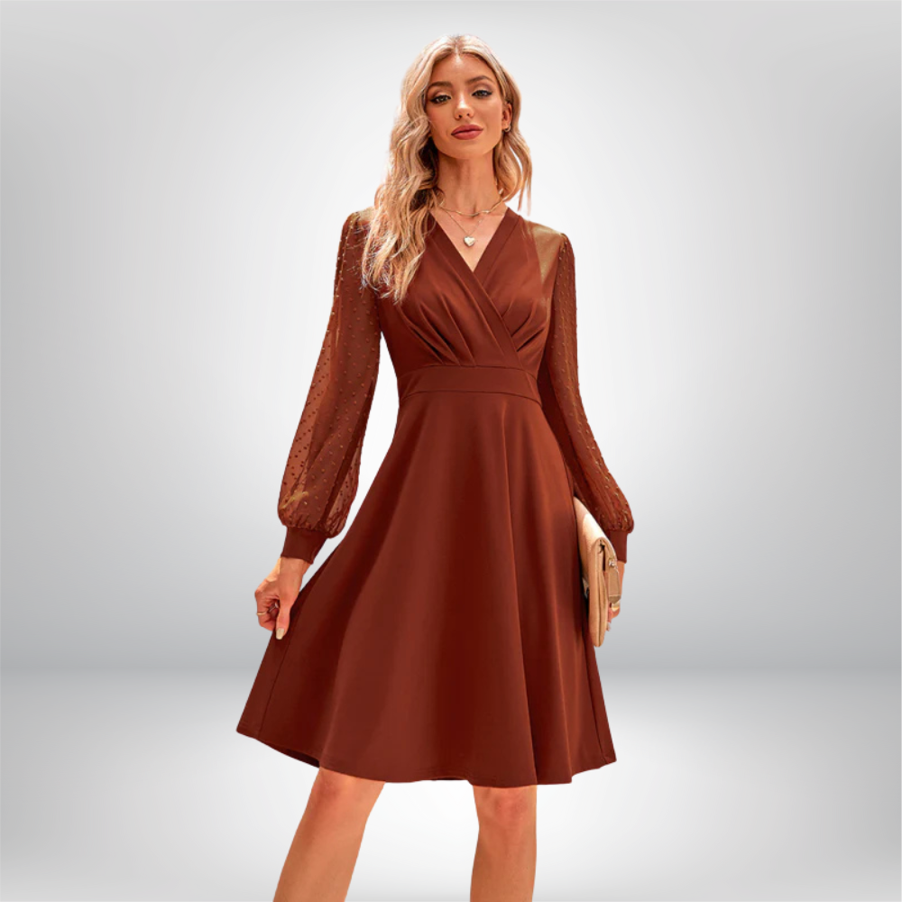 Elja - V-Neck Dress with Polka Dot Sheer Sleeves and Flared Skirt