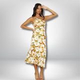 Enni - Asymmetrical Neckline Floral Print Midi Dress with Fishtail Hem