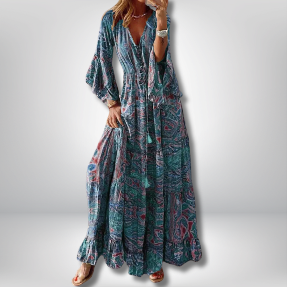 Erja - Bohemian Maxi Dress with Paisley Print and Trumpet Sleeves