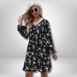 Felicia - Floral Print V-Neck Mini Dress with Long Sleeves and Cinched Waist