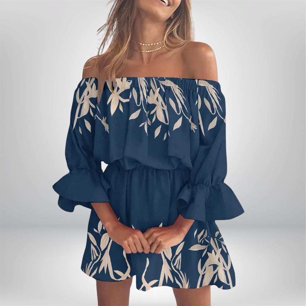 Elisa - Off-the-shoulder dress with boho leaf print