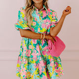 Nina - Floral Print Babydoll Dress with Puff Sleeves and Buttoned Front