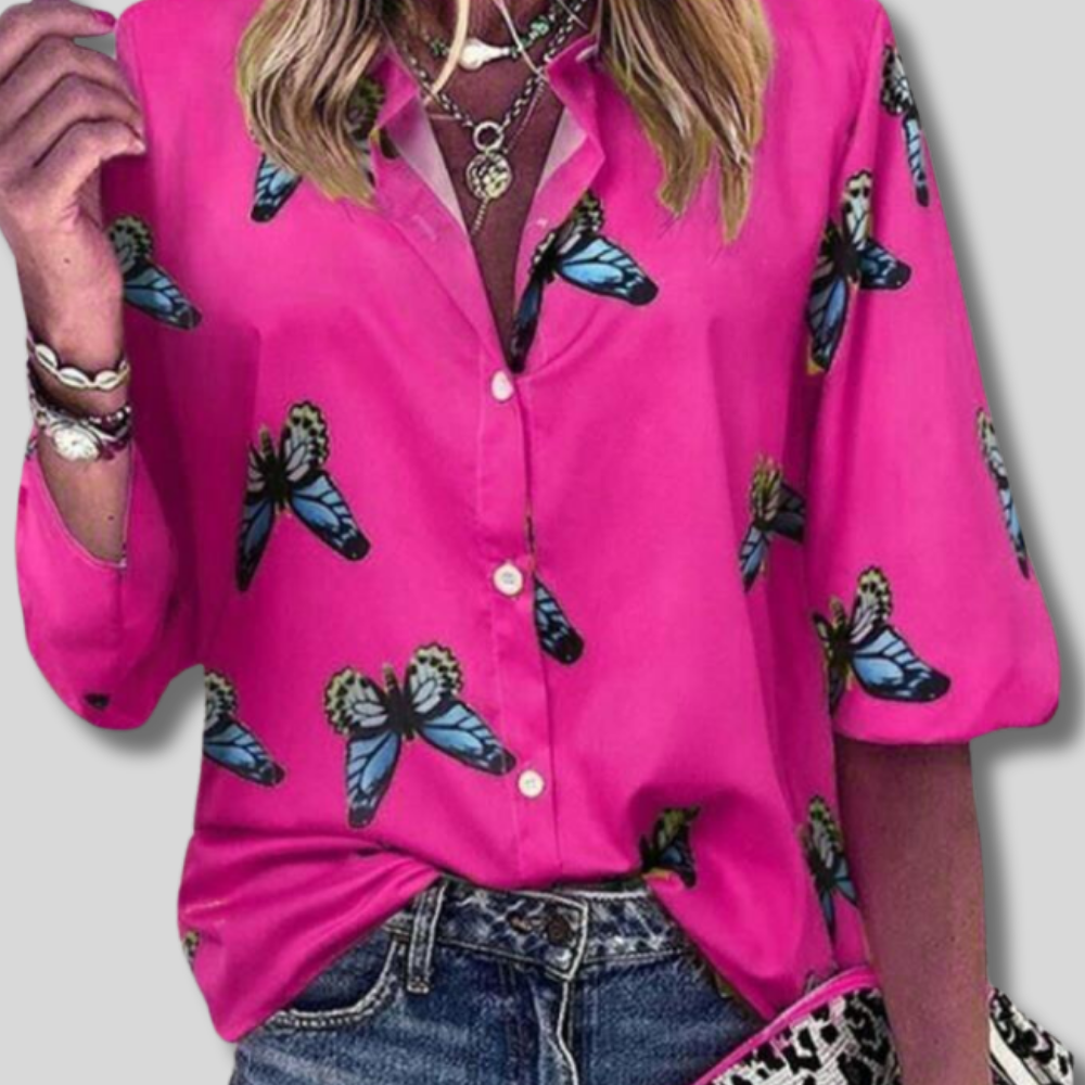 Zayna - Trendy New Butterfly Print Lapel Blouse Fashion