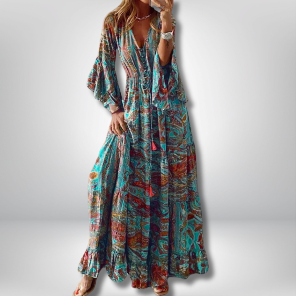 Erja - Bohemian Maxi Dress with Paisley Print and Trumpet Sleeves