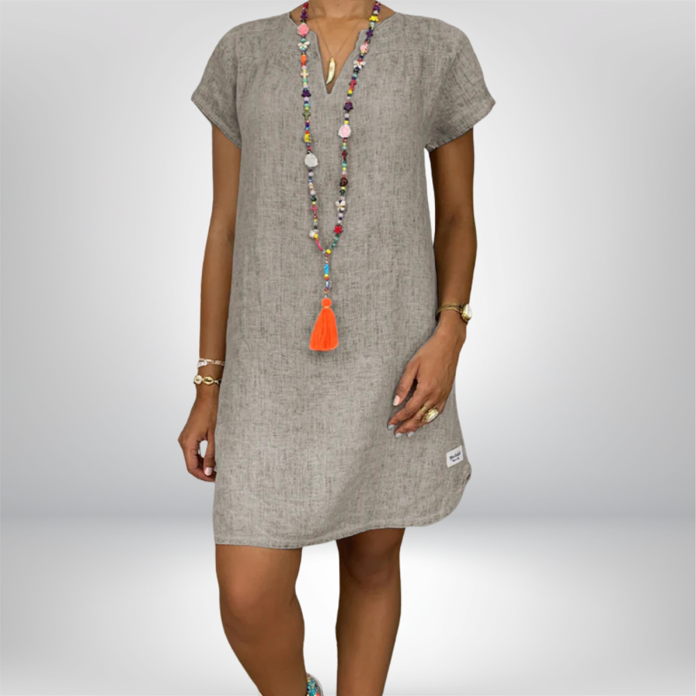 Jeniffer - V-Neck Linen Dress with Rolled Sleeves and Curved Hem