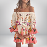 Elisa - Off-the-shoulder dress with boho leaf print