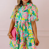 Nina - Floral Print Babydoll Dress with Puff Sleeves and Buttoned Front