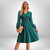 Elja - V-Neck Dress with Polka Dot Sheer Sleeves and Flared Skirt