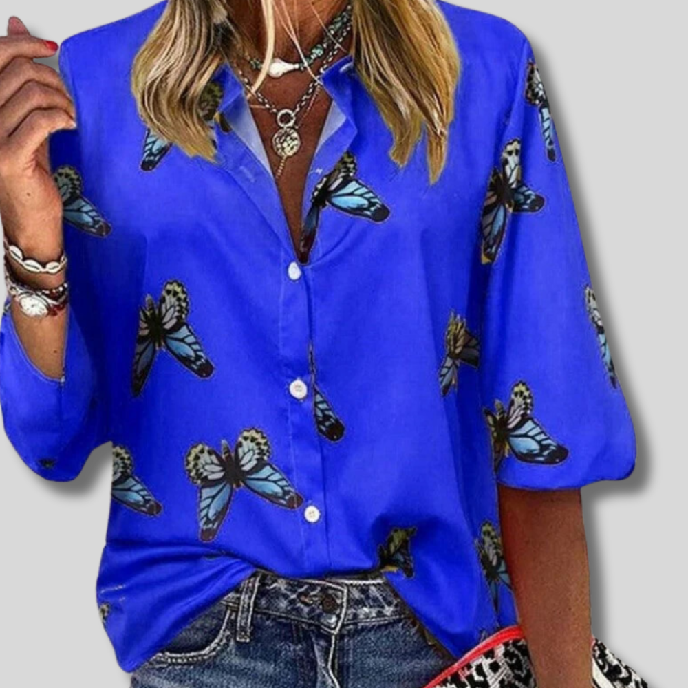 Zayna - Trendy New Butterfly Print Lapel Blouse Fashion